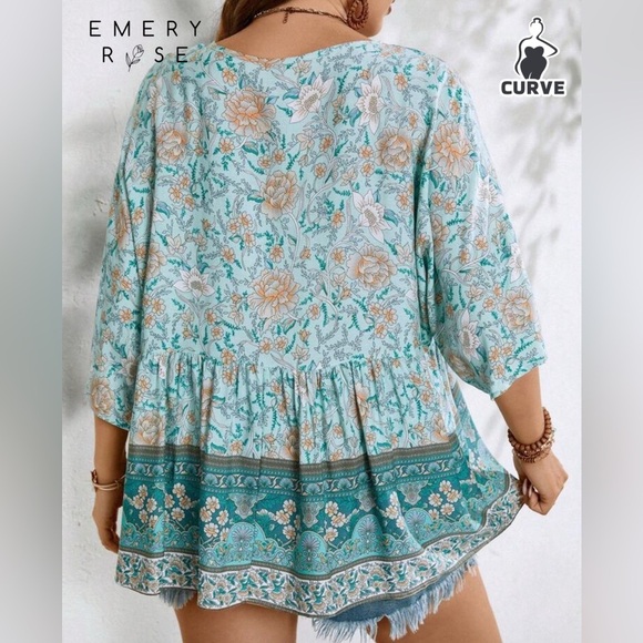 Teal Blue V-Neck Boho Blouse - Picture 6 of 6
